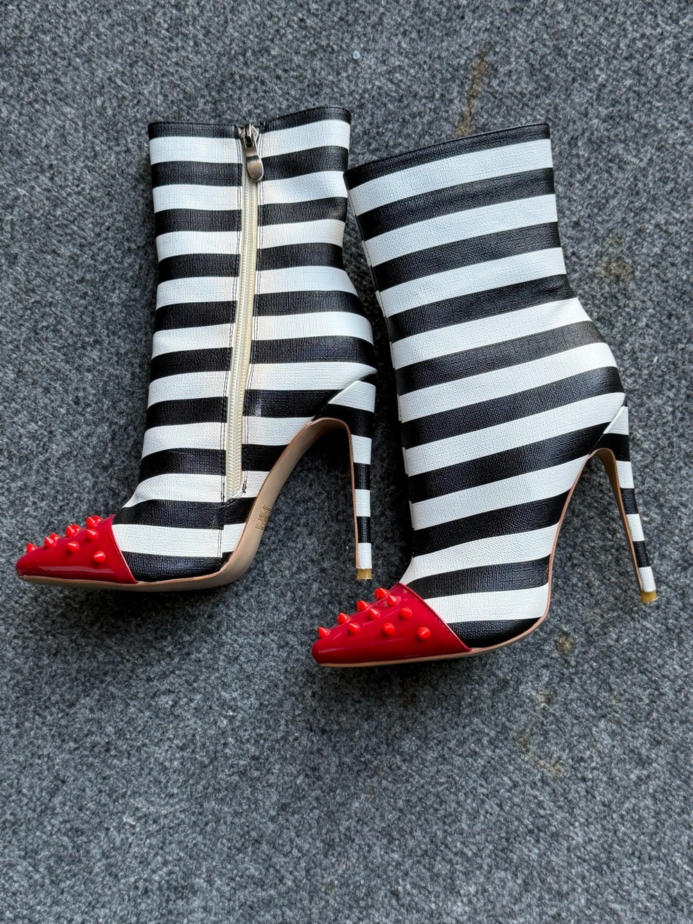 Striped Black & White Ankle Boots with Red Studded Toe